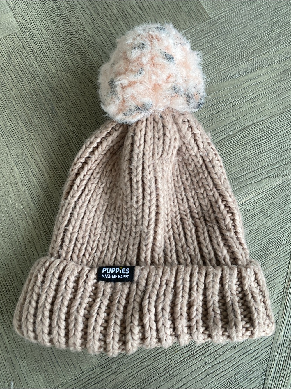 RARE Puppies Make Me Happy Pom Beanie Blush Pink Speckled Winter Hat One Size
